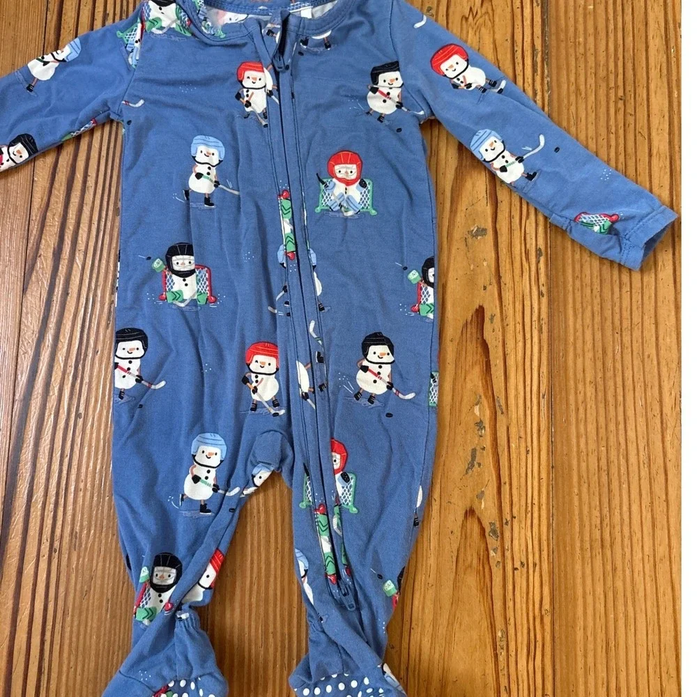 Angel Dear Footie Sleeper Kids Blue Hockey Snowman Bamboo Pajamas SIZE 0-3M